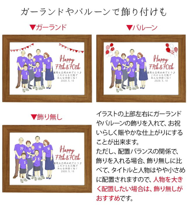 楽天市場 喜寿 祝い プレゼント 新スタイルの似顔絵 紫の喜寿tシャツを着せてお揃いで描く 家族絵 横向き 男性 女性 家族 父 母 両親 イラスト 米寿や傘寿 卒寿祝いにも 紫色のちゃんちゃんこか喜寿tシャツプレゼント付き 絆を深める応援団 楽天市場店