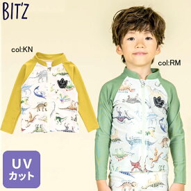 【20%off SALE】【BIT'Z ビッツ】B276013◇恐竜図鑑総柄ラッシュガード◇お袖の配色と図鑑風に描いたカラフルでリアルな恐竜さんがとってもカッコイイ！【ベビー＆キッズ服】◎メール便可