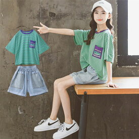 韓国子供服 キッズ セットアップ おしゃれ 夏 女の子 デニムパンツ シャツ デニム セットアップ カジュアル ストライプ ボーダー キッズ服 キッズファッション ガールズ