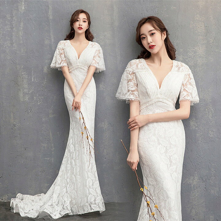 楽天市場 マーメイド ウェディングドレス パーティードレス 花嫁ドレス Vネック ロングドレス 司会 発表会 二次会ドレス 白ドレス ベアトップ ホワイト ハイウエスト 韓国 レディースドレス 二次会 披露宴 結婚式 送料無料 ボニール