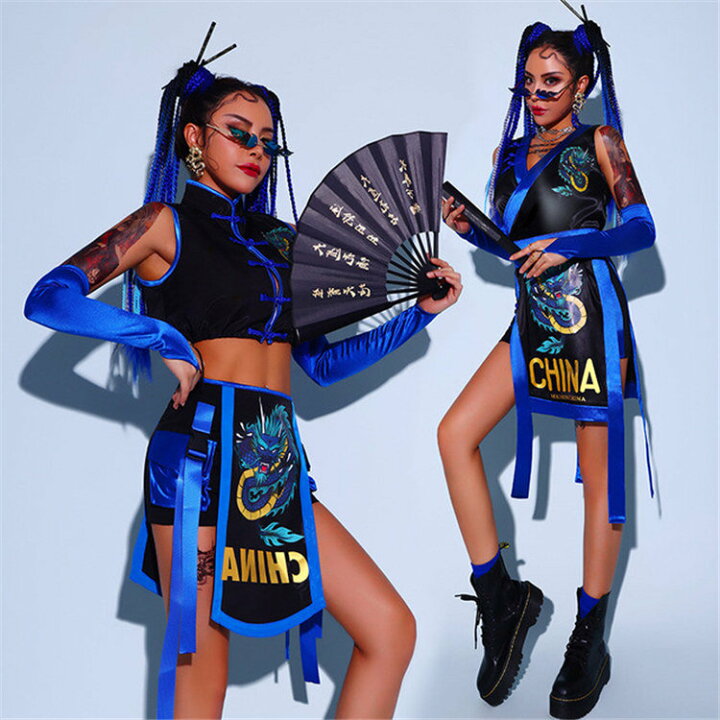 楽天市場 チャイナ ダンス衣装 セットアップ セクシー 龍柄 派手 レディース ヒップホップ ダンス衣装 中国古典風 チャイナ風 原宿系 夜店 Ds演出服 ジャズ衣装 上下 ダンスウェア ブルー Jazz おしゃれ ボニール