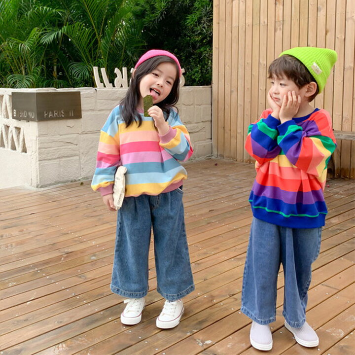 楽天市場 韓国子供服 オシャレ トレーナー スウェット 秋新作 子供服 ベビー 長袖シャツ クルーネック 男の子 女の子 虹色 ボーダー柄 長袖 男女兼用 カジュアル キッズ ジュニア パーカー スポーツ お出かけ 運動着 通学 ファッション おしゃれ 可愛い 80 90 100 110