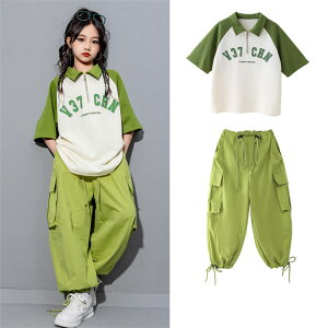 キッズダンス衣装 セットアップ K-POP 韓国子供服 ジャージ ヒップホップ グリーン ポロTシャツ デニムズボン トップス カーゴパンツ スポーツウェア 半袖polo 女の子 男の子 男女兼用 チーム