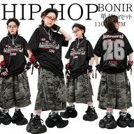 キッズ ダンス衣装 ヒップホップ ユニフォーム風 ナンバープリント 半袖Tシャツ 迷彩柄 カーゴパンツ ワ…
