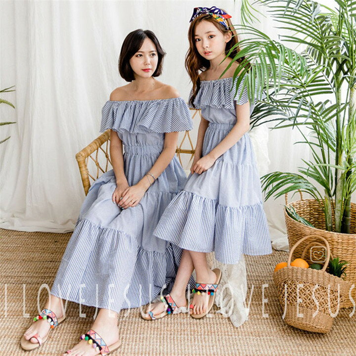 楽天市場 親子 ママ お揃い ワンピース 姫系 オフショルダー フレアワンピース 子供 ワンピース ベアトップ ノースリーブ 親子ペア ロングワンピース ストライプ フリル レディース 肩だし 子供服 女の子 マキシ丈 半袖 レディース 女の子 キッズ 子供用 親子 ママと娘お