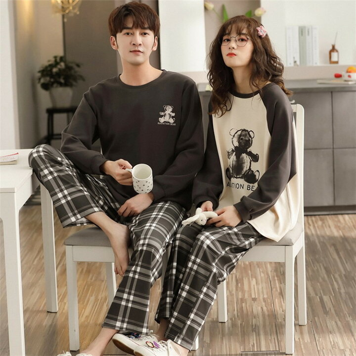 楽天市場 ペアルック パジャマ 春秋 クマ柄 ペアパジャマ カップル ルームウェア ペアお揃い ナイトウェア セットアップ 部屋着 レディースパジャマ メンズパジャマ カップル 結婚祝い バレンタイン プレゼント 出産祝い ボニール
