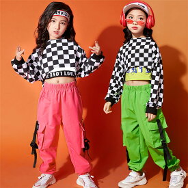 キッズ へそ出し トップス チェック柄 ガールズ ダンス衣装 セットアップ ピンクパンツ 緑パンツ ヒップホップ ジャズ 韓国 k-pop ゴムウエスト 女の子 発表会