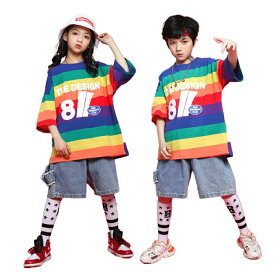 キッズダンス衣装 ダンス衣装 2点セット 虹色 半袖 セットアップ 男の子 tシャツ+デニムパンツ ヒップホップ 女の子 チアガール 子供服 スポーツウェア 派手 ストリート 原宿系 レッスン ダンスウェア hiphop 110-180