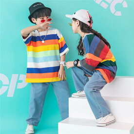 虹色 ボーダー シャツ キッズ ダンス衣装 ヒップホップ セットアップ 半袖シャツ デニムパンツ 男の子 女の子 ダンス ストリート hiphop ダンスイベント