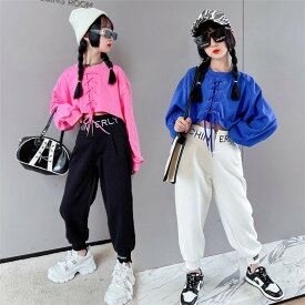 韓国 K-POP ダンス衣装 キッズ ヒップホップ ピンク ブルー セットアップ 長袖シャツ へそ出しトップス 白パンツ 女の子 チアガール ダンスチーム 練習着 カジュアル 子供服 原宿系 ダンスウェア ステージ衣装 hiphop 120-170cm