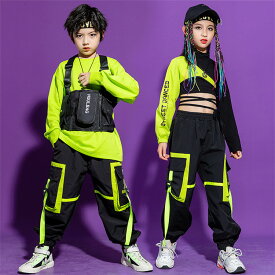 キッズ ダンス衣装 セットアップ 長袖シャツ グリーン ロングパンツ ヒップホップ 女の子 男の子 kpop 子供服 ストリート 原宿系 ダンスウェア ジャズ hiphop 団体服 ステージ服 ダンスチーム