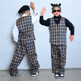 ダンス衣装 キッズ セットアップ スーツ ベスト チェック柄 パンツ popping hiphop 子供服 ヒップホップ ロックダンス 女の子 男の子 ストリート b系 ジュニア 舞台 韓国 演出服 発表会 120-170cm