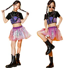 キッズ へそ出し トップス 紫 チアガール ダンス衣装 女の子 スパンコール スカート ヒップホップ ジャズ チアリーダー 応援団 HIPHOP ダンス セットアップ K-POP ステージ衣装 イベント 110-170