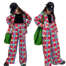 チェック柄 スーツ セットアップ キッズ ダンス衣装 ヒップホップ スーツ ジャケット カラフル k-pop 子供服 ヒップホップ ガウチョパンツ ロックダンス 女の子 ストリート b系 hiphop ジュニア 舞台 韓国 原宿系 演出服 発表会 100-170cm