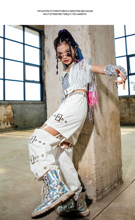 キッズダンス衣装 スパンコール キッズ セットアップ ジャズ k-pop 白パンツ 穴開け 子供服 ヒップホップ 原宿系 ストリート hiphop ジュニア 舞台 韓国 演出服 発表会 120-160cm ボニール 新品匿名配送 キッズセットアップ スパンコールTシャツ& ワイドレッグパンツ