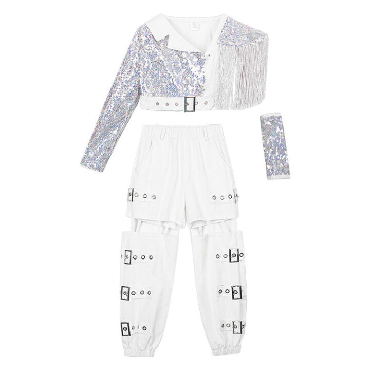 キッズダンス衣装 スパンコール キッズ セットアップ ジャズ k-pop 白パンツ 穴開け 子供服 ヒップホップ 原宿系 ストリート hiphop ジュニア 舞台 韓国 演出服 発表会 120-160cm ボニール 新品匿名配送 キッズセットアップ スパンコールTシャツ& ワイドレッグパンツ