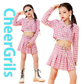 ガールズ ジャズ ダンス衣装 ピンク へそ出し スカート スーツ チェック柄 セットアップ 子供服HIPHOP 女の子 韓国 k-pop ジュニア 舞台 演出服 発表会 120-170cm