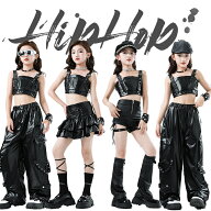 ダンス衣装 キッズ レザー ダンス セットアップ ブラック キャミーソル 女の子 ダンス レザースカート ガ…