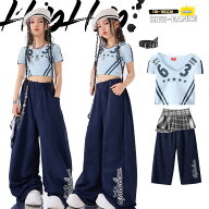 キッズ ダンス衣装 女の子 ヒップホップ セットアップ ガールズ ストリート系 水色 へそ出し 半袖 トップ…