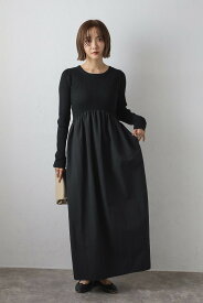 田中里奈さんコラボ ワンピース ニット ワンピ リブニット ニットワンピ ロング丈 マキシ丈 きれいめ ハイウエスト 着痩せ オフィスカジュアル 異素材切り替えニットワンピース