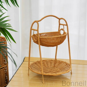 収納バスケット 籐ざる 2段 アフタヌーンティースタンド 果物収納 籐ざるカゴ フルーツ フルーツかご盛り おしゃれ お菓子入れ 小物入れ フルーツ入れ 家庭用ラック フルーツとデザートホ