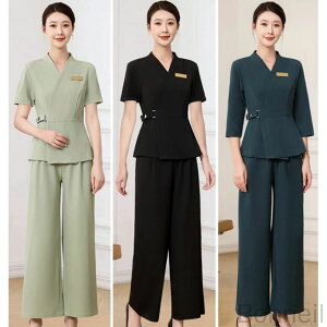 新型 3色展開 エステ ユニフォーム サロン通勤用 美容師作業服 レディース女性 制服 おしゃれ 半袖 上下セット 足湯養生館 SPA対応 ハイエンド仕様 快適素材
