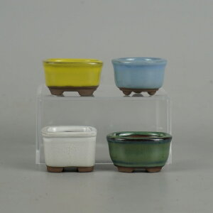 盆栽鉢 文 ミニ鉢 4点セット 豆鉢 長辺 約3.8cm 長方鉢 正方鉢 楕円鉢 丸鉢 水色 白 黄 緑 新品 数量物
