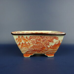 盆栽鉢 文山 越前文山 ボデー 九谷画 九谷 秀幸 小型 長辺 約15cm 正方鉢 赤絵 山水図 観賞用 現品 新品 送料無料