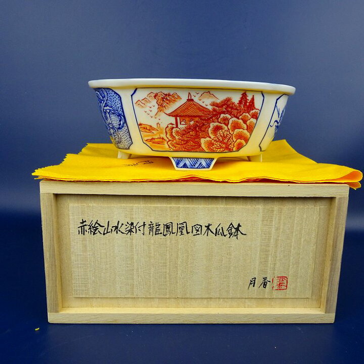 楽天市場】盆栽鉢 月香 小型 長辺 約15.5cm 木瓜鉢 赤絵 山水 染付 龍 