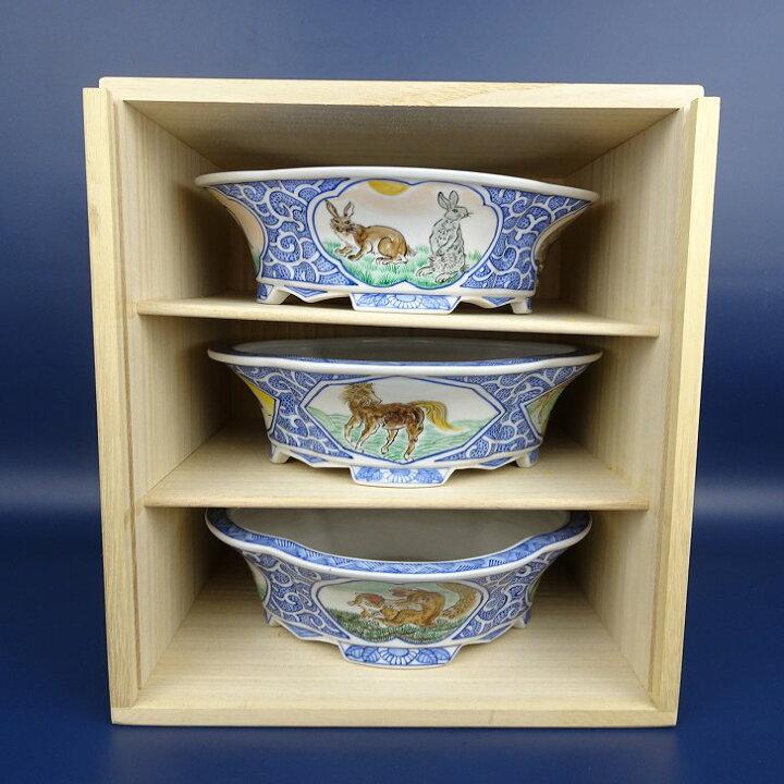 楽天市場】盆栽鉢 月香 3鉢セット 小型 長辺 約19cm 木瓜鉢 外縁 色絵 