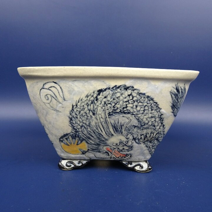 楽天市場】盆栽鉢 紀伊 小型 長辺 約11.5cm 正方鉢 外縁 雲足 色絵 龍 