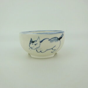 盆栽鉢 ゆうき祥石 小鉢 長辺 約 6cm 丸鉢 絵鉢 猫 ネコ ねこ 釉薬 観賞用 現品 新品