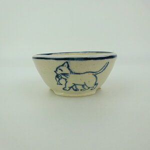 盆栽鉢 ゆうき祥石 小鉢 長辺 約 6.3cm 丸鉢 絵鉢 猫 ネコ ねこ 魚 さかな サカナ 釉薬 観賞用 現品 新品