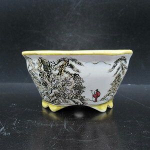 盆栽鉢 誠昭 色絵 山水人物図 木瓜 新品 現品 送料無料 鉢 植木鉢 趣味 人気商品 癒し プレゼント 贈りもの お祝い