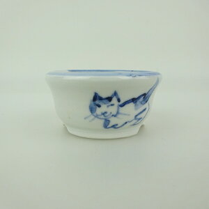 盆栽鉢 ゆうき祥石 小鉢 長辺 約 5.5cm 丸鉢 絵鉢 猫 ネコ ねこ 釉薬 観賞用 現品 新品