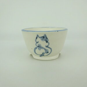 盆栽鉢 ゆうき祥石 小鉢 長辺 約 6.8cm 丸鉢 絵鉢 猫 ネコ ねこ 釉薬 観賞用 現品 新品