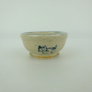 盆栽鉢 ゆうき祥石 小鉢 長辺 約 5cm 丸鉢 絵鉢 猫 ネコ ねこ 釉薬 観賞用 現品 新品