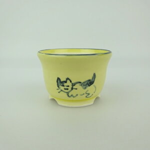 盆栽鉢 ゆうき祥石 小鉢 長辺 約 6cm 丸鉢 絵鉢 猫 ネコ ねこ 釉薬 観賞用 現品 新品