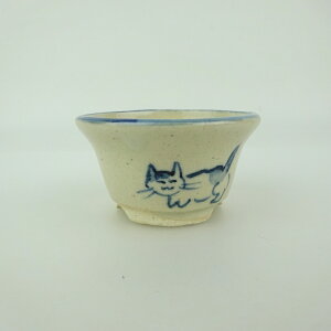 盆栽鉢 ゆうき祥石 小鉢 長辺 約 5.2cm 丸鉢 絵鉢 猫 ネコ ねこ 釉薬 観賞用 現品 新品