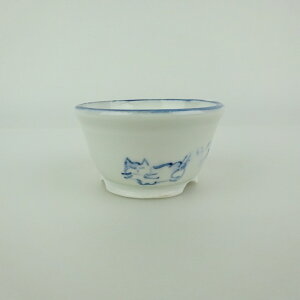 盆栽鉢 ゆうき祥石 小鉢 長辺 約 6cm 丸鉢 絵鉢 猫 ネコ ねこ 釉薬 観賞用 現品 新品