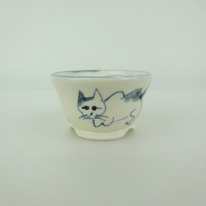 盆栽鉢 ゆうき祥石 小鉢 長辺 約 5.7cm 丸鉢 絵鉢 猫 ネコ ねこ 釉薬 観賞用 現品 新品