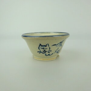 盆栽鉢 ゆうき祥石 小鉢 長辺 約 6.3cm 丸鉢 絵鉢 猫 ネコ ねこ 釉薬 観賞用 現品 新品