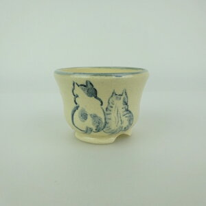 盆栽鉢 ゆうき祥石 小鉢 長辺 約 5.2cm 丸鉢 絵鉢 猫 ネコ ねこ 釉薬 観賞用 現品 新品