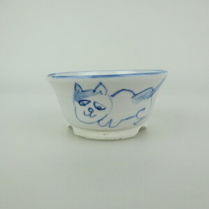 盆栽鉢 ゆうき祥石 小鉢 長辺 約 7.2cm 丸鉢 絵鉢 猫 ネコ ねこ 釉薬 観賞用 現品 新品