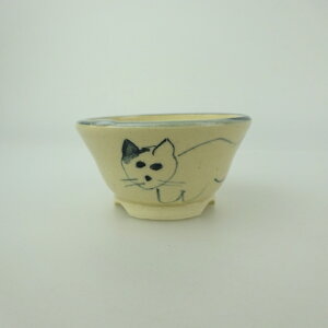 盆栽鉢 ゆうき祥石 小鉢 長辺 約 6.4cm 丸鉢 絵鉢 猫 ネコ ねこ 釉薬 鑑賞用 観賞用 現品 新品