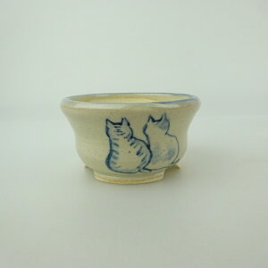 盆栽鉢 ゆうき祥石 小鉢 長辺 約 6.3cm 丸鉢 絵鉢 猫 ネコ ねこ 釉薬 鑑賞用 観賞用 現品 新品