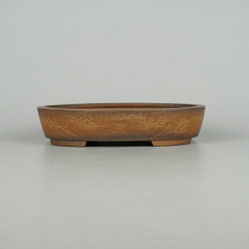 【中古】盆栽鉢 常滑 美芸造 小型 長辺 約15.8cm 楕円鉢 彫入 山水図 泥物 観賞用 現品 中古鉢 送料無料