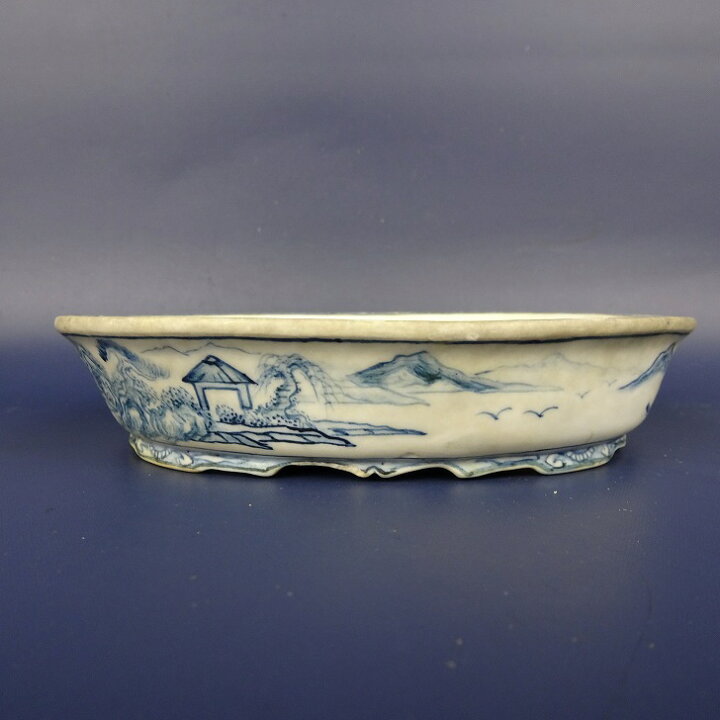 楽天市場】【中古】盆栽鉢 勝山 小型 長辺 約13.5cm 楕円鉢 外縁 染付 
