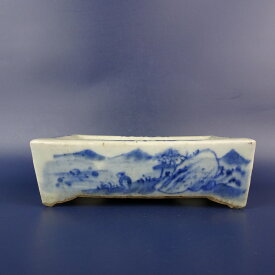 【中古】盆栽鉢 瀬戸焼 落款なし 小型 長辺 約14.6cm 長方鉢 染付 風景 人物 観賞用 現品 中古鉢
