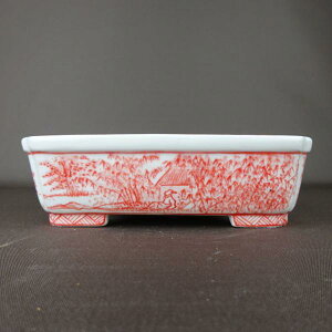 盆栽鉢 高山画 ゆうき祥石ボデー 赤絵山水図 長方鉢 新品 送料無料